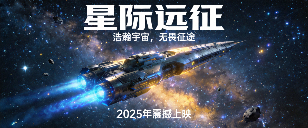 科幻史诗《星际远征》电影海报 - 宇宙飞船航行在璀璨星河中