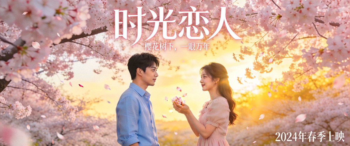 浪漫爱情剧《时光恋人》宣传海报 - 男女主角在樱花树下相遇